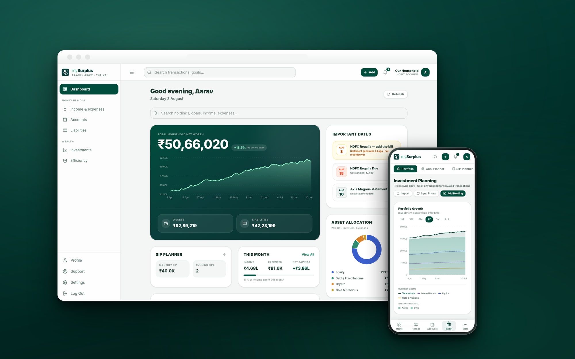 mySurplus net worth and portfolio tracking, on desktop and mobile