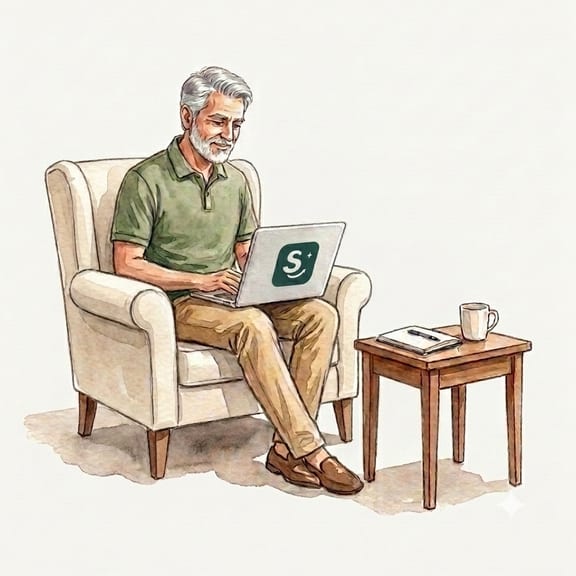 A retired man in an armchair checking his retirement corpus on a laptop
